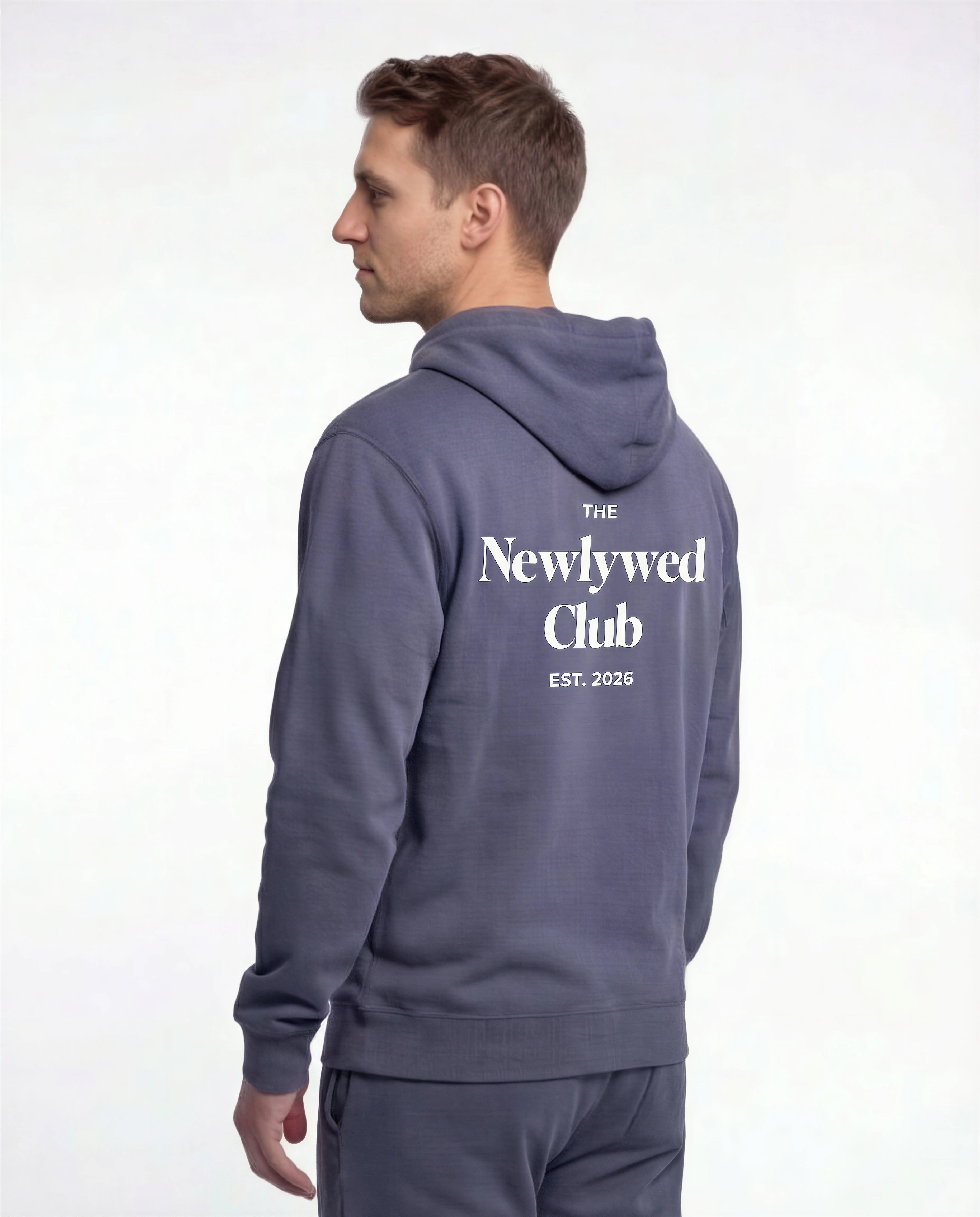 Model wearing Newlywed Club Hoodie - Slate Blue