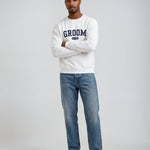 Model wearing Groom Varsity Sweatshirt - White
