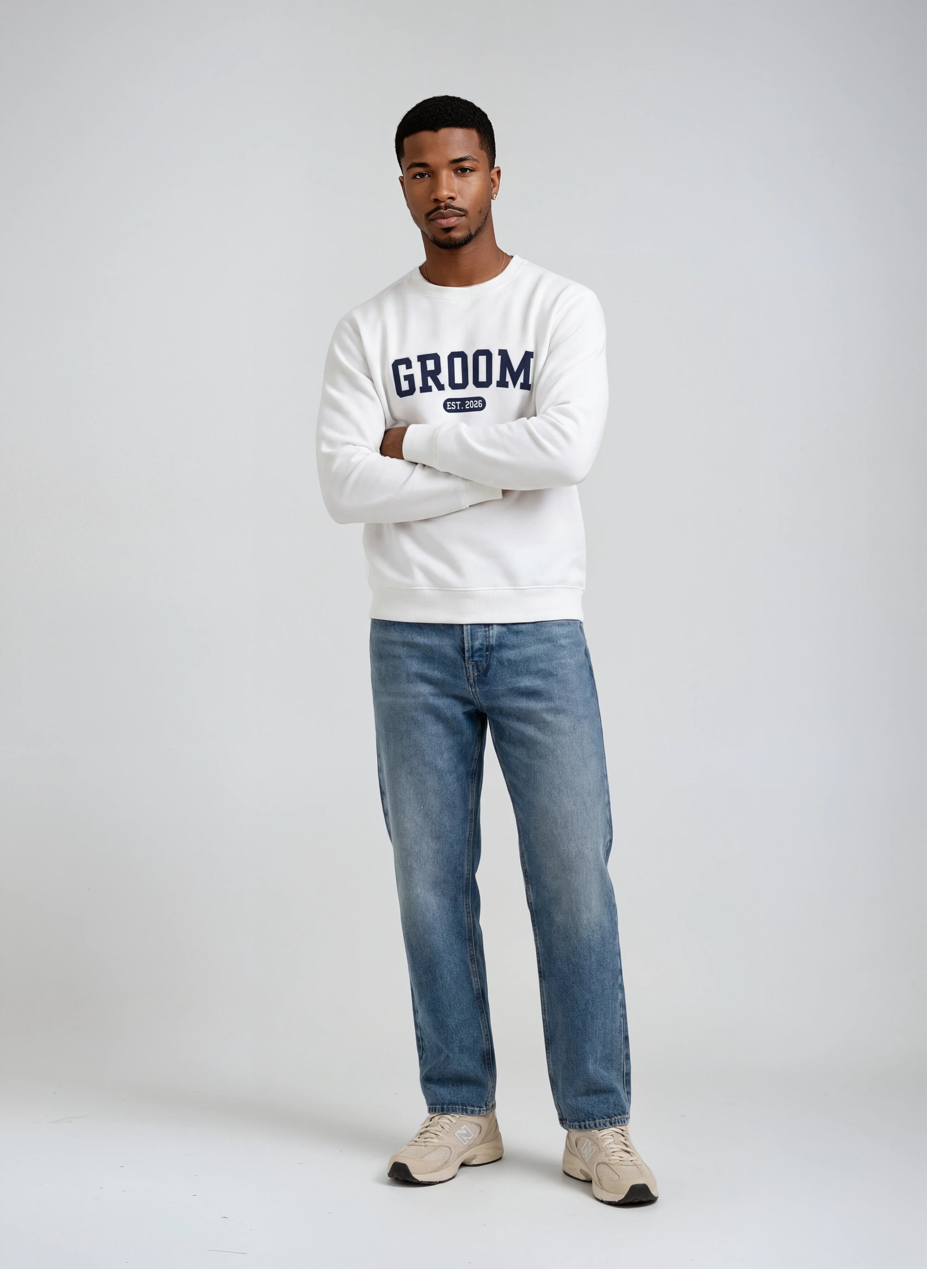 Model wearing Groom Varsity Sweatshirt - White