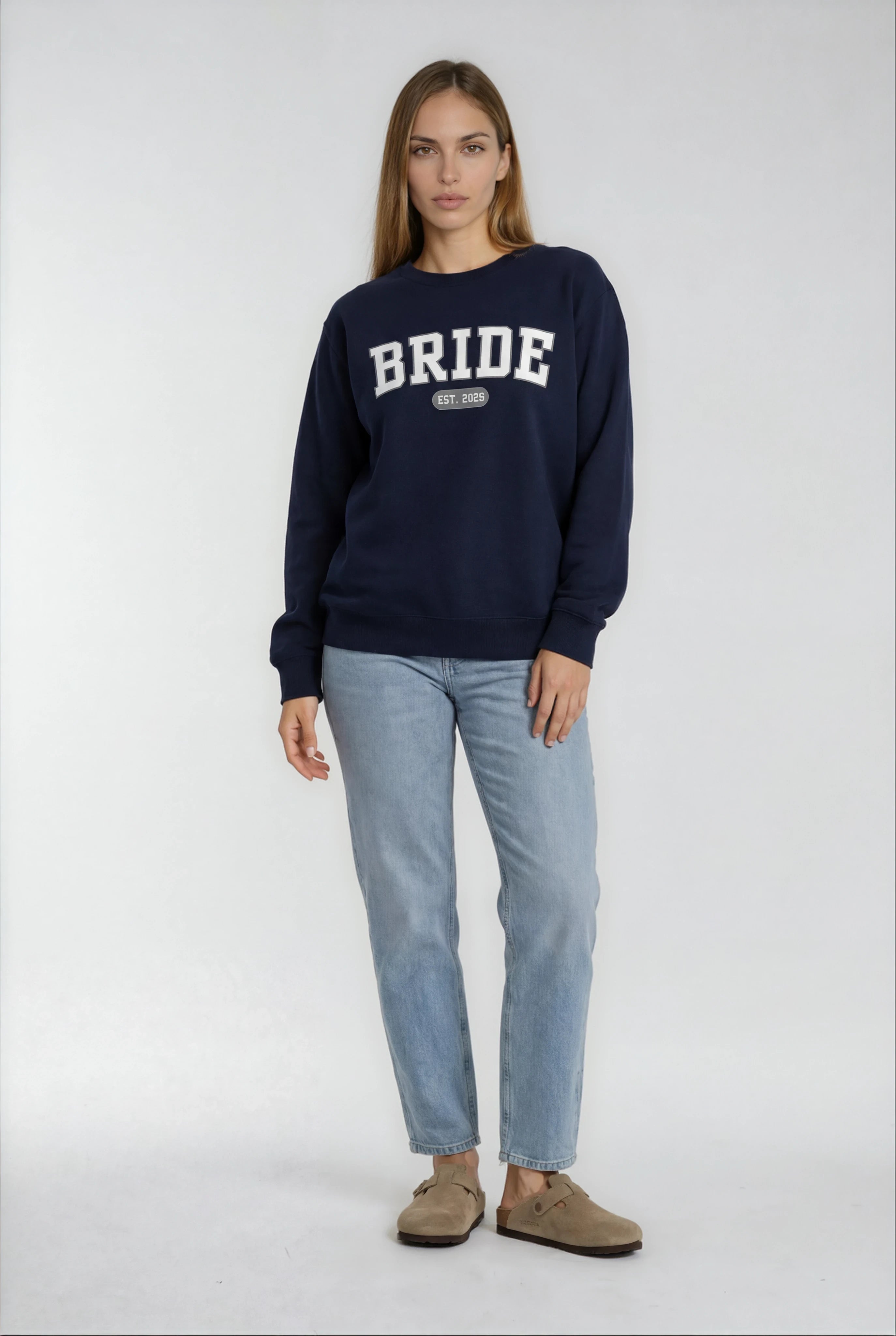 Model wearing Bride Varsity Sweatshirt - Navy