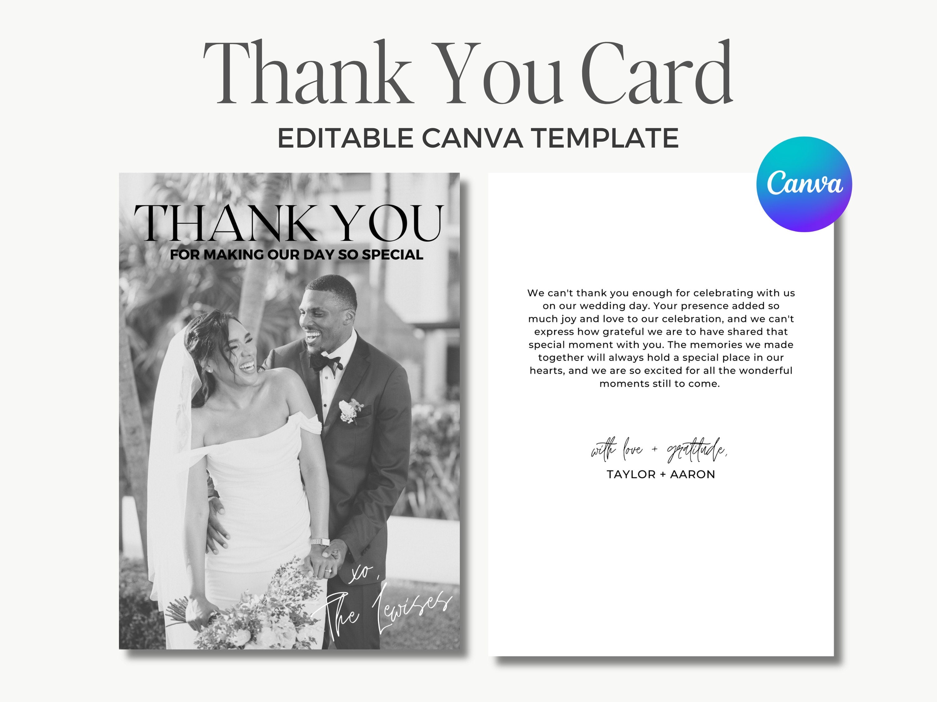 Clean, Modern Thank You Card, Editable Canva Template | Contemporary Wedding Thank You Card, Minimalist Thank You Card