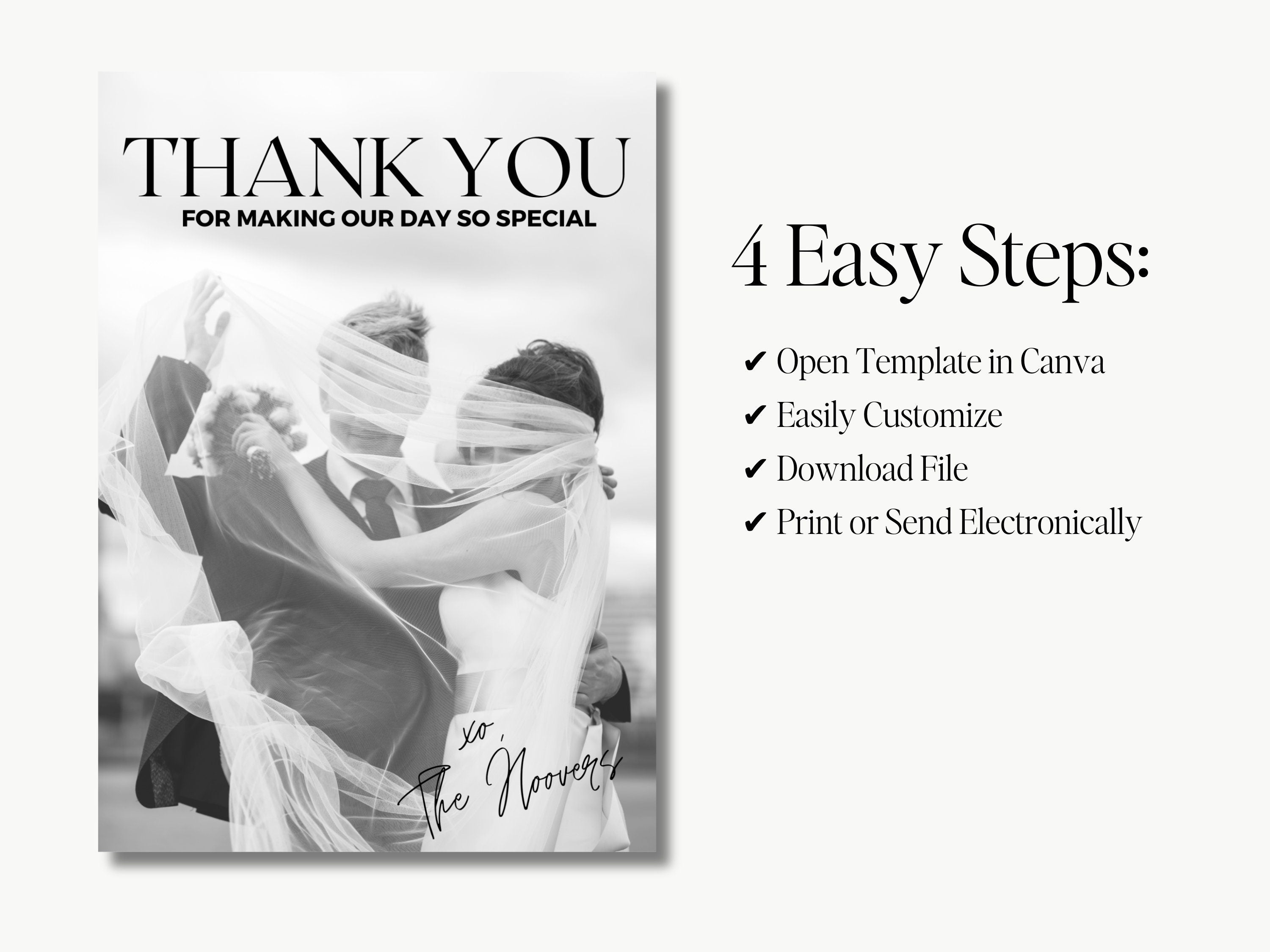 Clean, Modern Thank You Card, Editable Canva Template | Contemporary Wedding Thank You Card, Minimalist Thank You Card