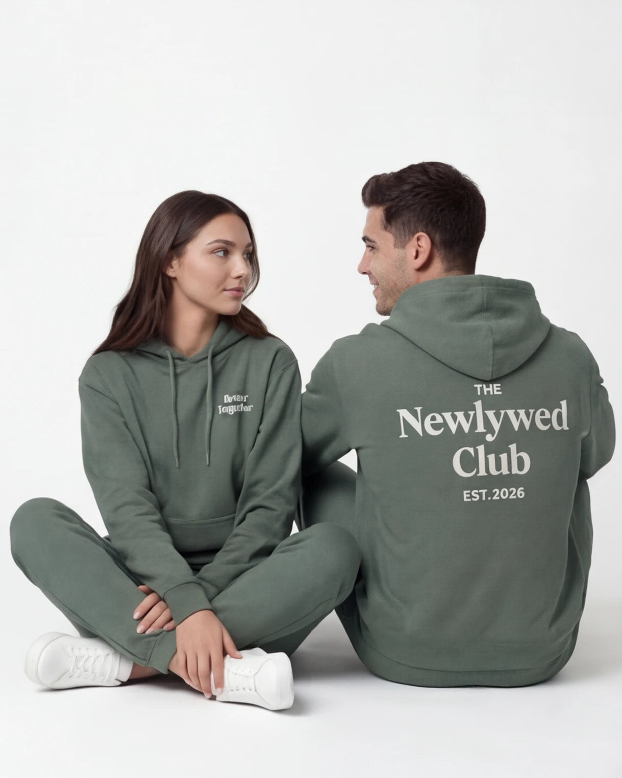 Model wearing Newlywed Club Hoodie - Alpine Green
