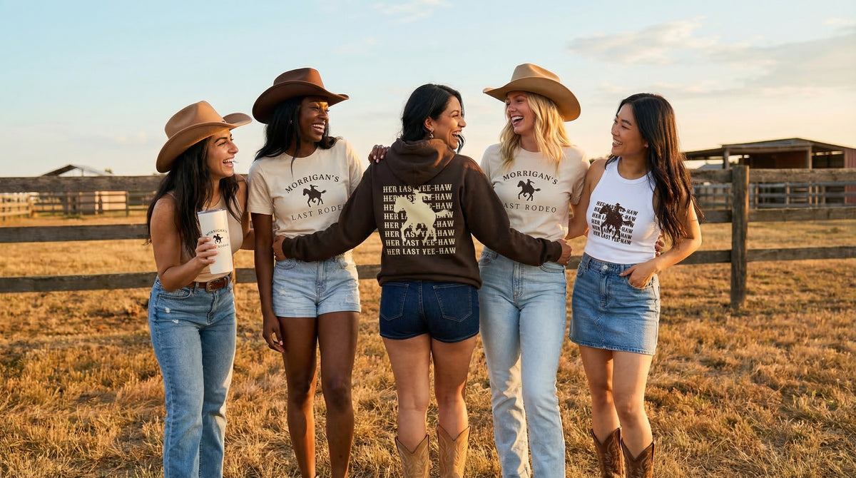 Bachelorette party wearing coordinating Last Rodeo cowgirl outfits at a rustic outdoor venue