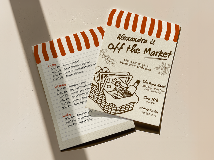 Fresh Off the Market Bachelorette Party Invitation & Itinerary Canva Template