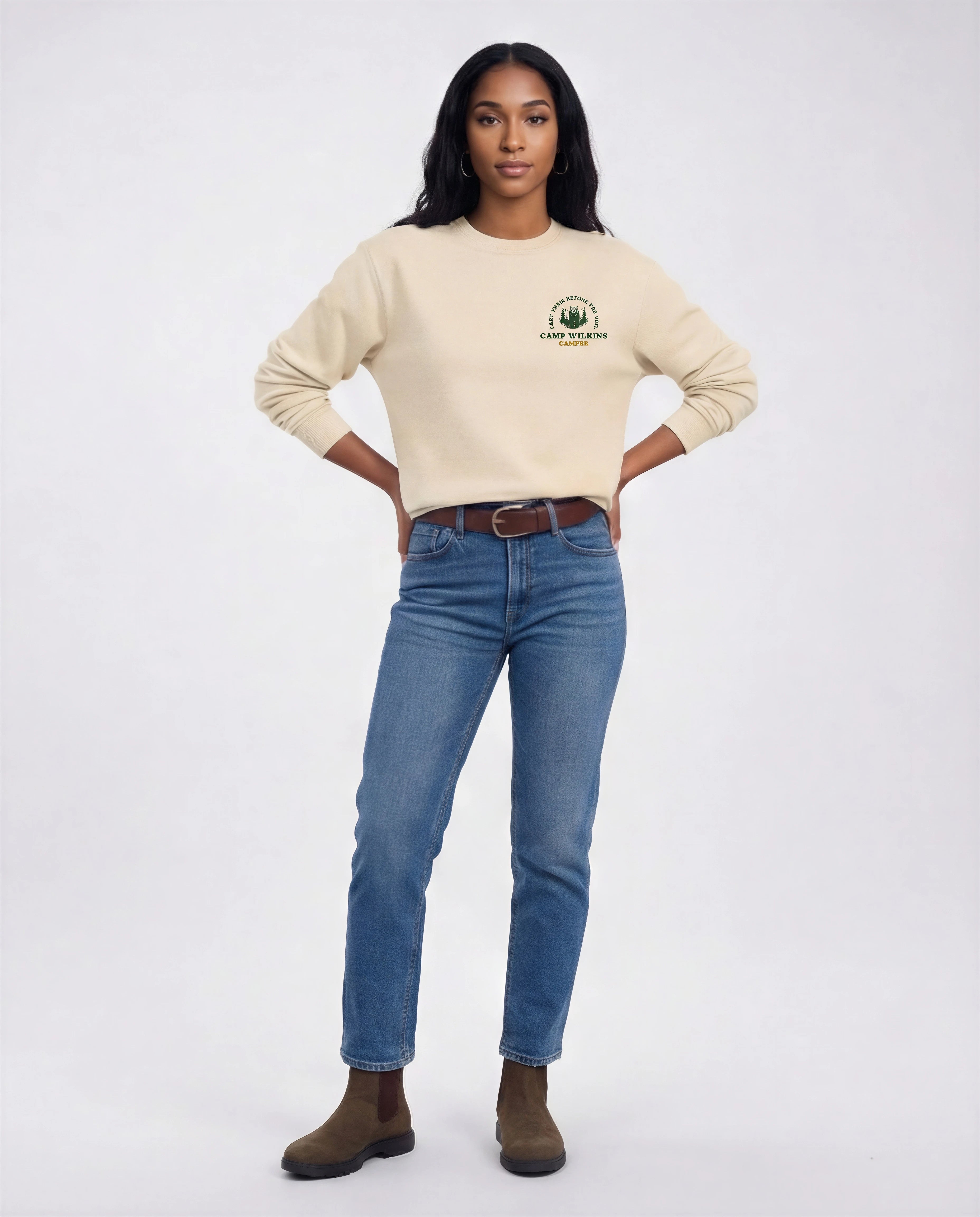 Model wearing Camp Bachelorette Sweatshirt - Natural Beige