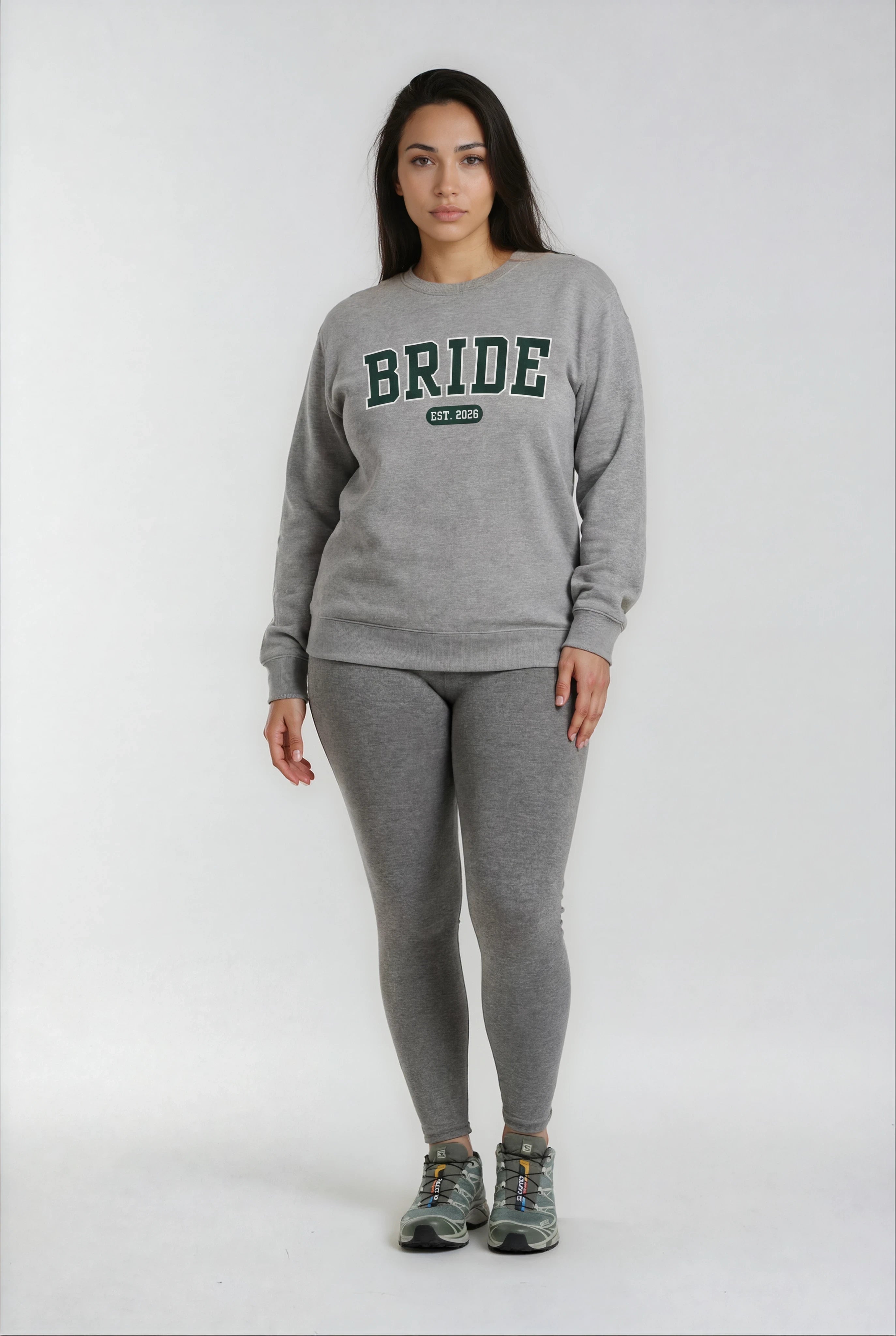 Model wearing Bride Varsity Sweatshirt - Heather Gray