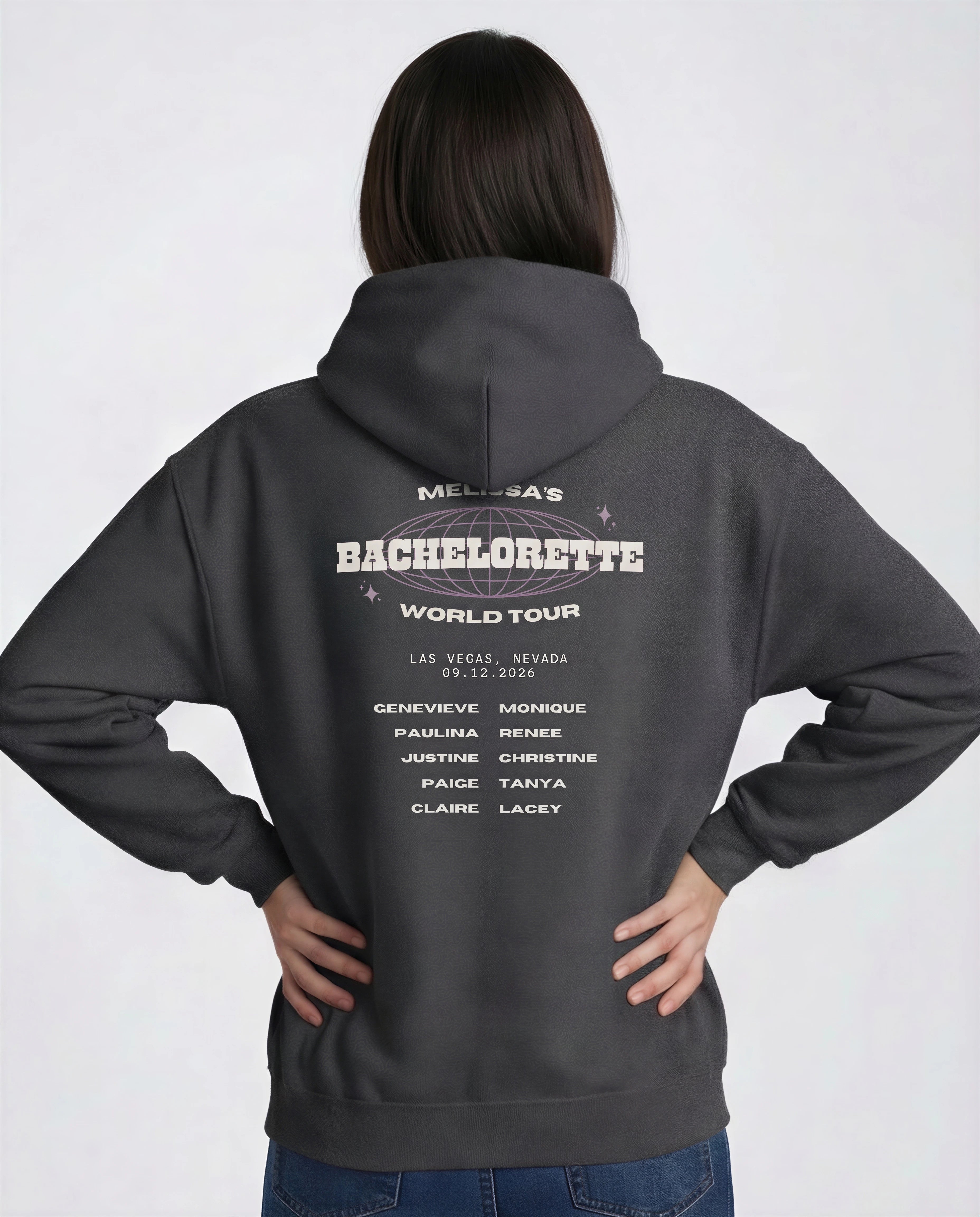 Model wearing Bachelorette Tour Hoodie - Dark Heather