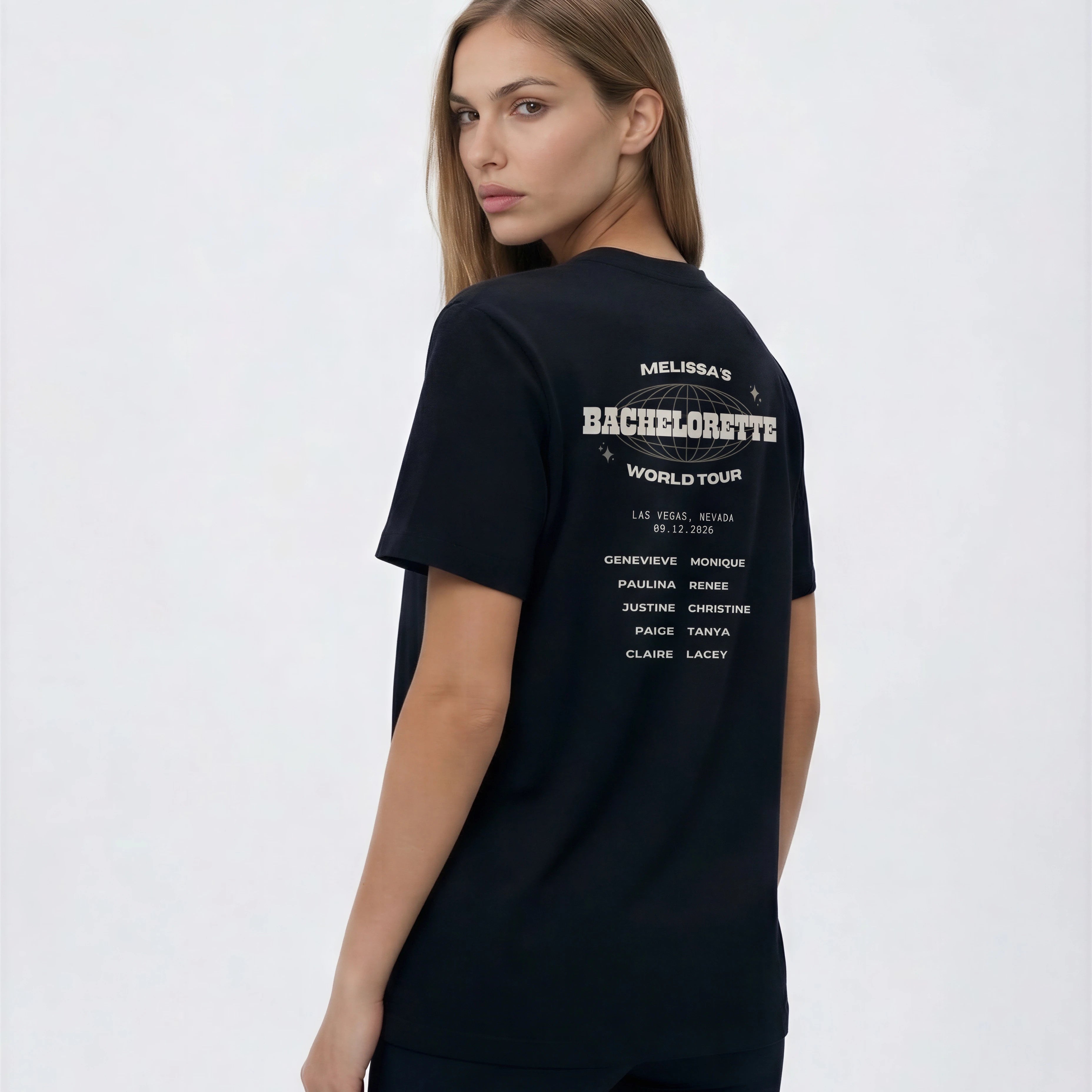 Model wearing Bachelorette Tour Shirt - Black