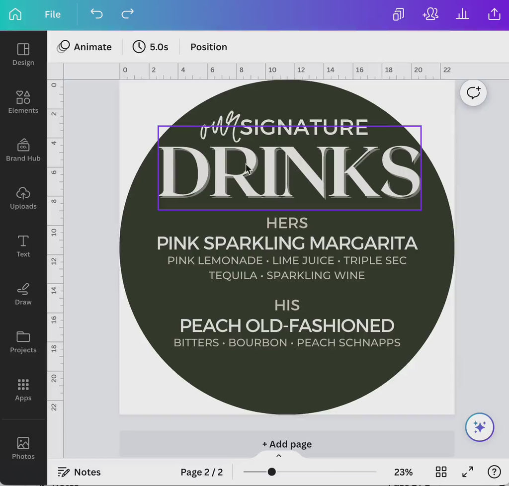 Round Signature Drink Sign Canva Template - Fully Customizable