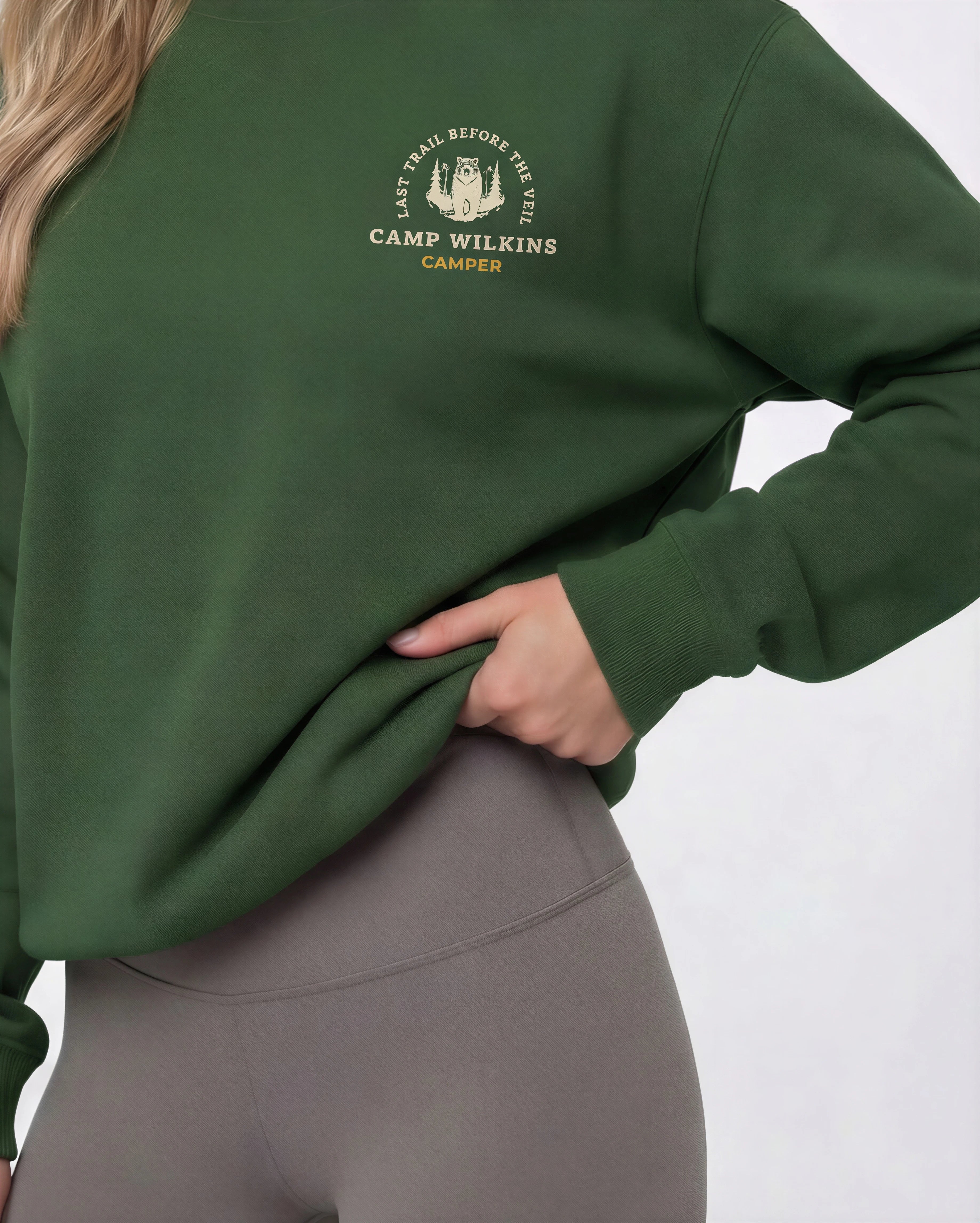 Model wearing Camp Bachelorette Sweatshirt - Forest Green