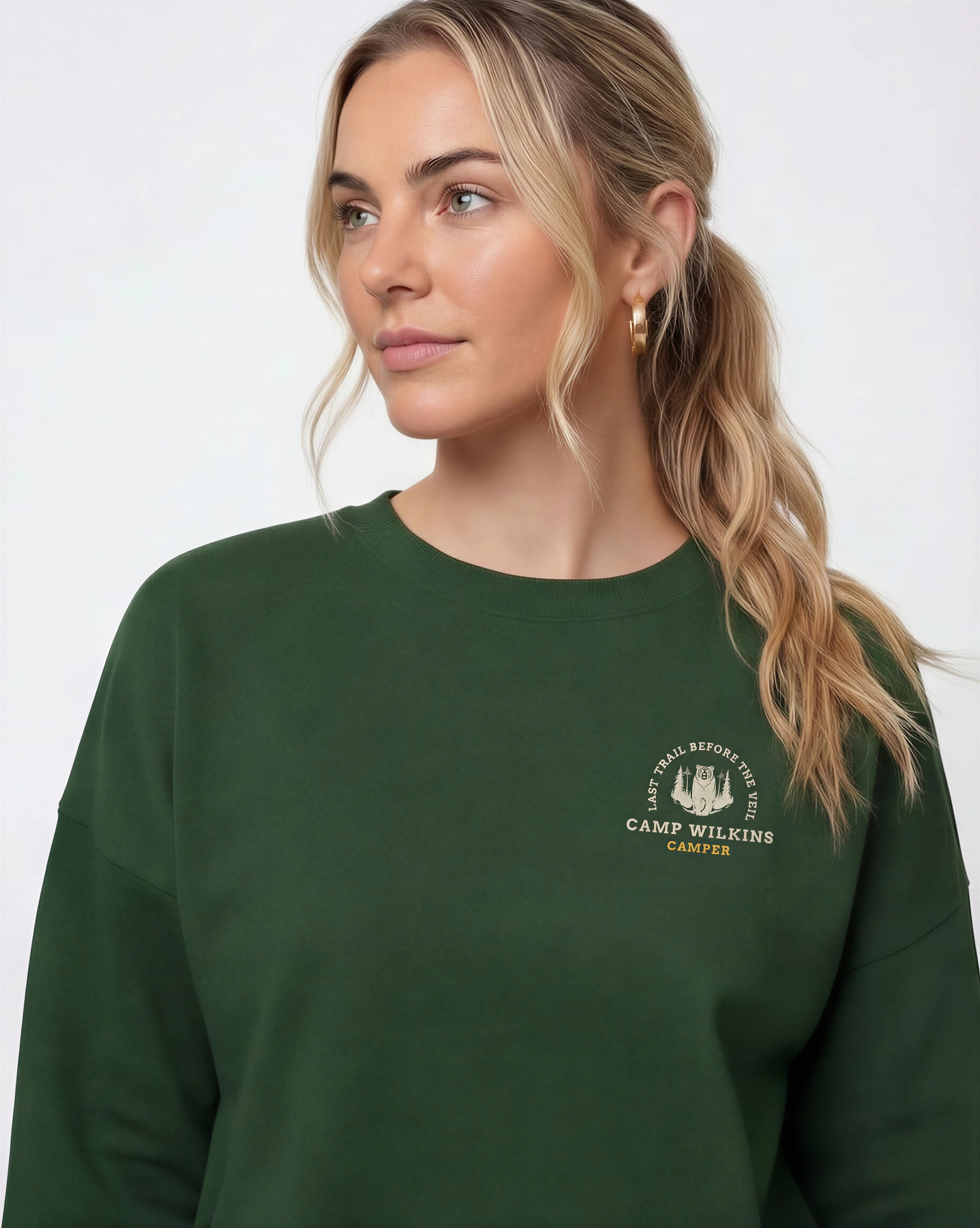Model wearing Camp Bachelorette Sweatshirt - Forest Green