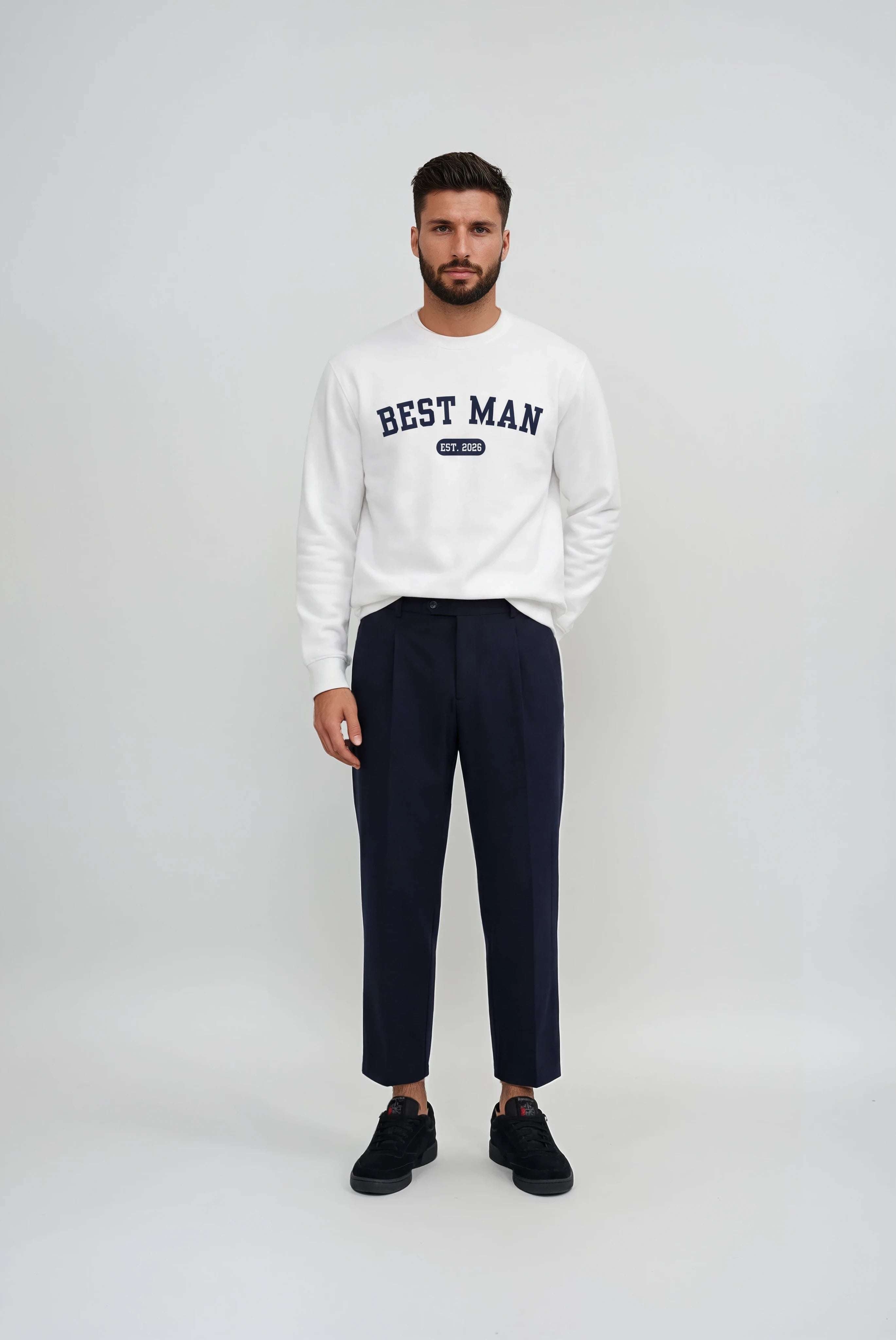 Model wearing Best Man Varsity Sweatshirt - White