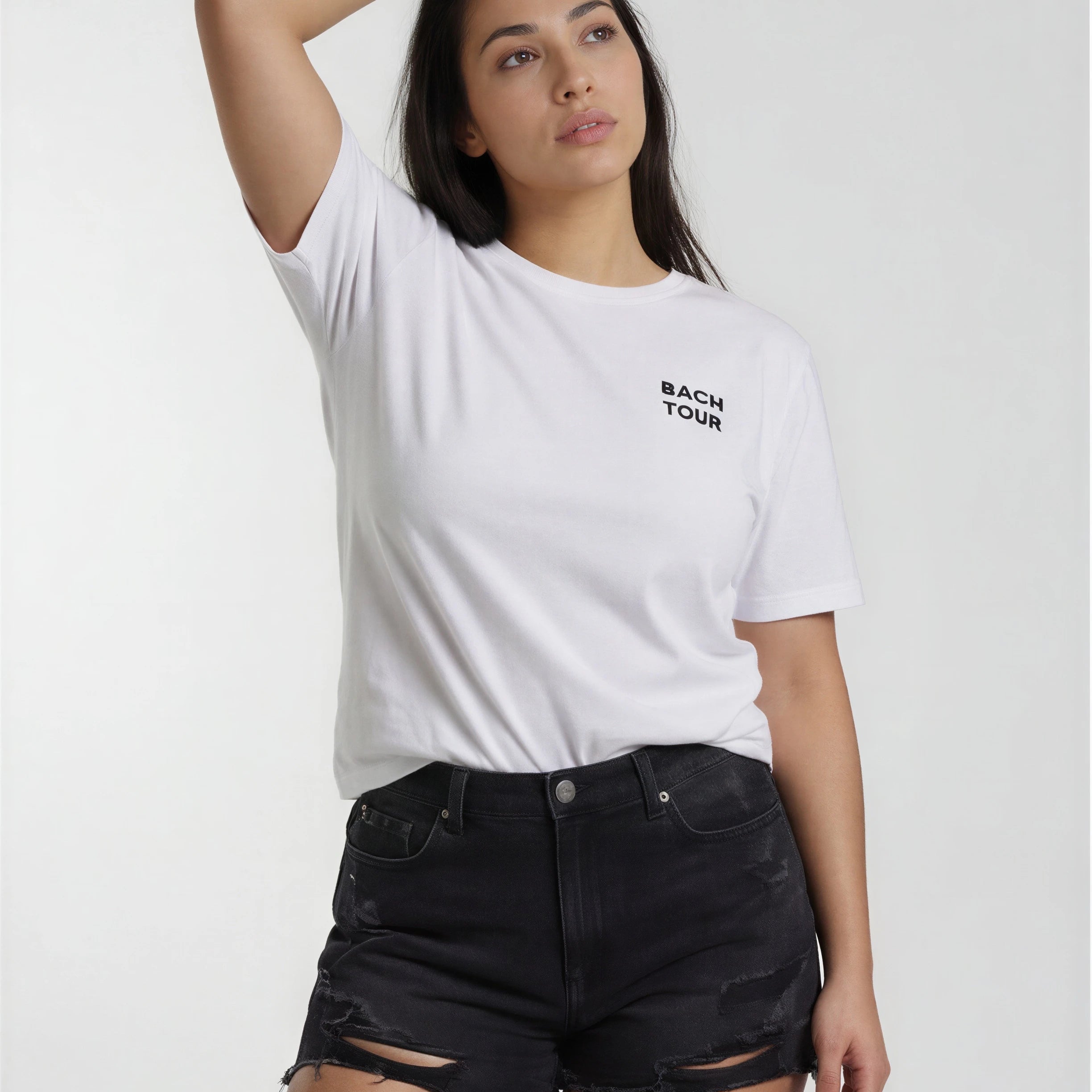 Model wearing Bachelorette Tour Shirt - White