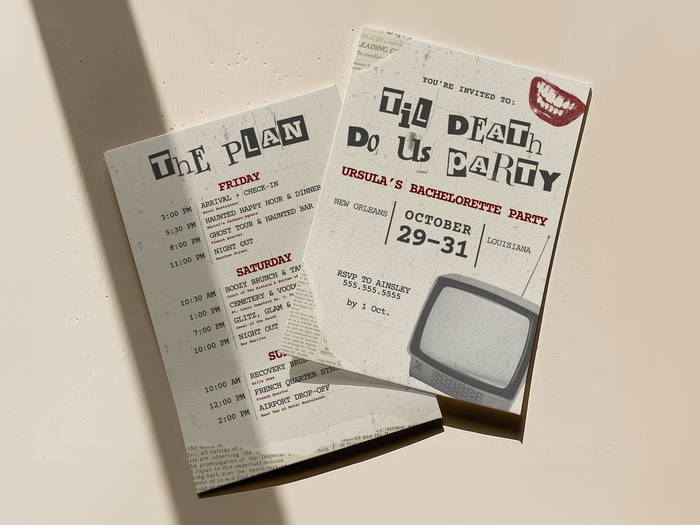 'Til Death Do Us Party Bachelorette Party Invitation + Itinerary Canva Template