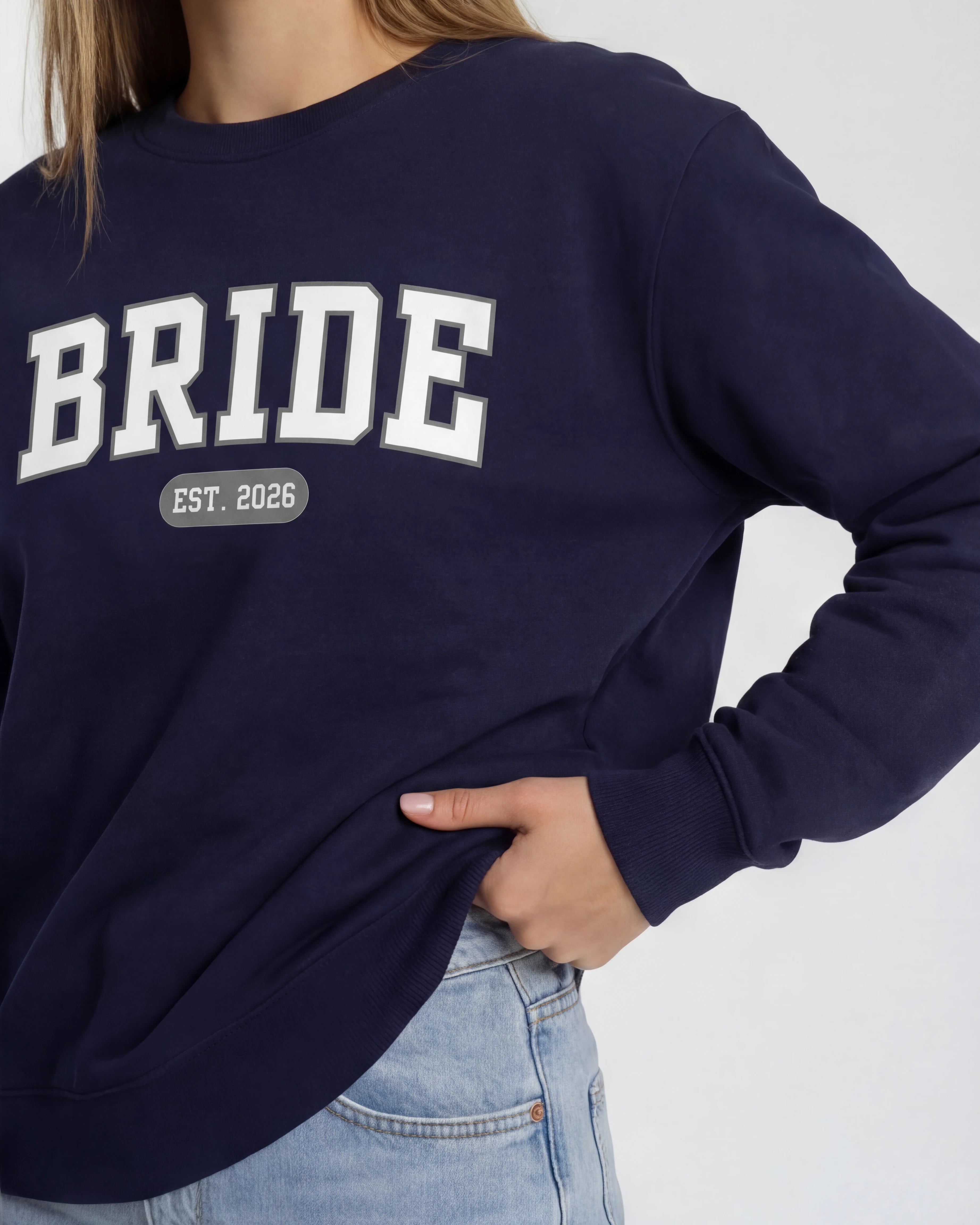 Model wearing Bride Varsity Sweatshirt - Navy