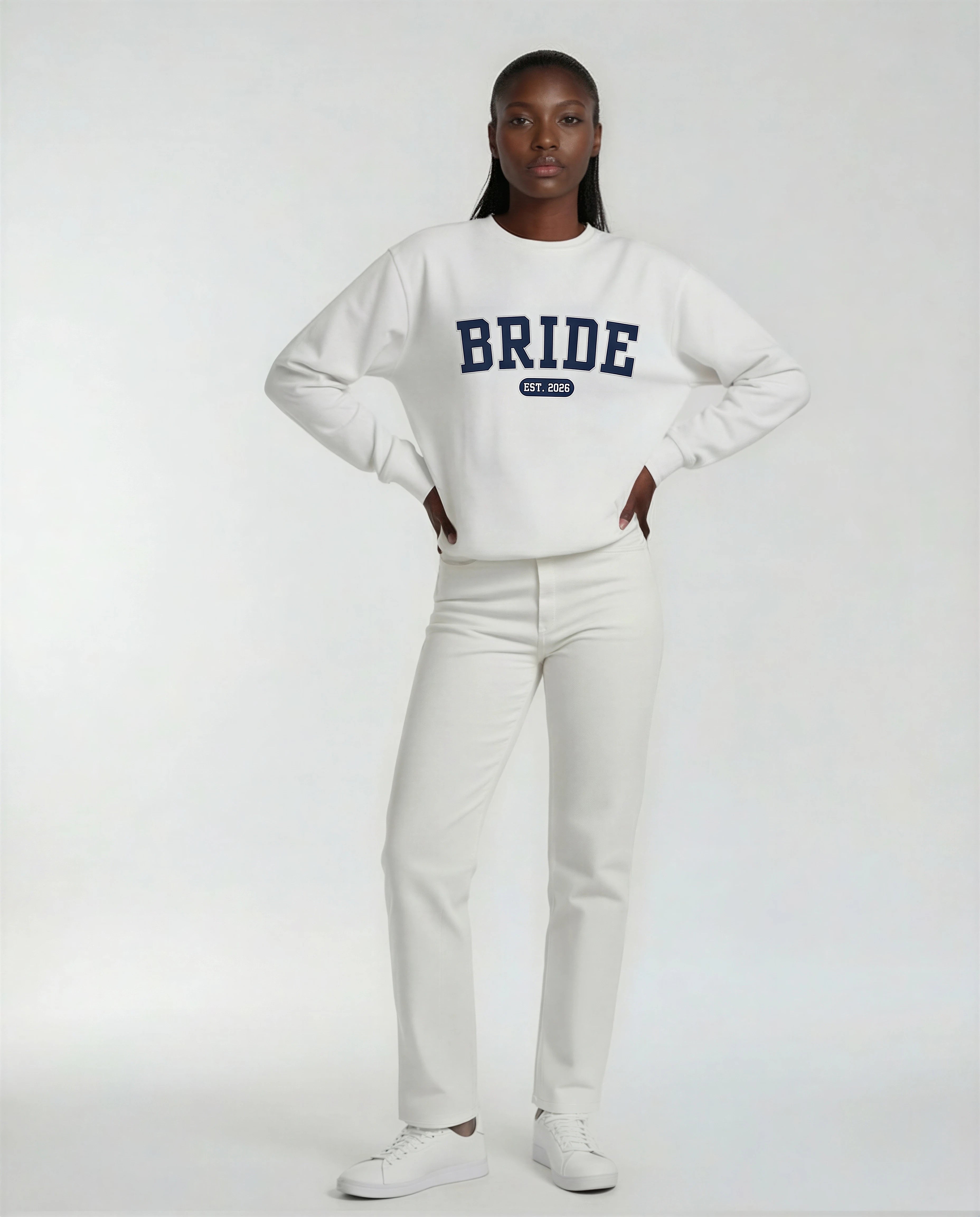 Model wearing Bride Varsity Sweatshirt - White