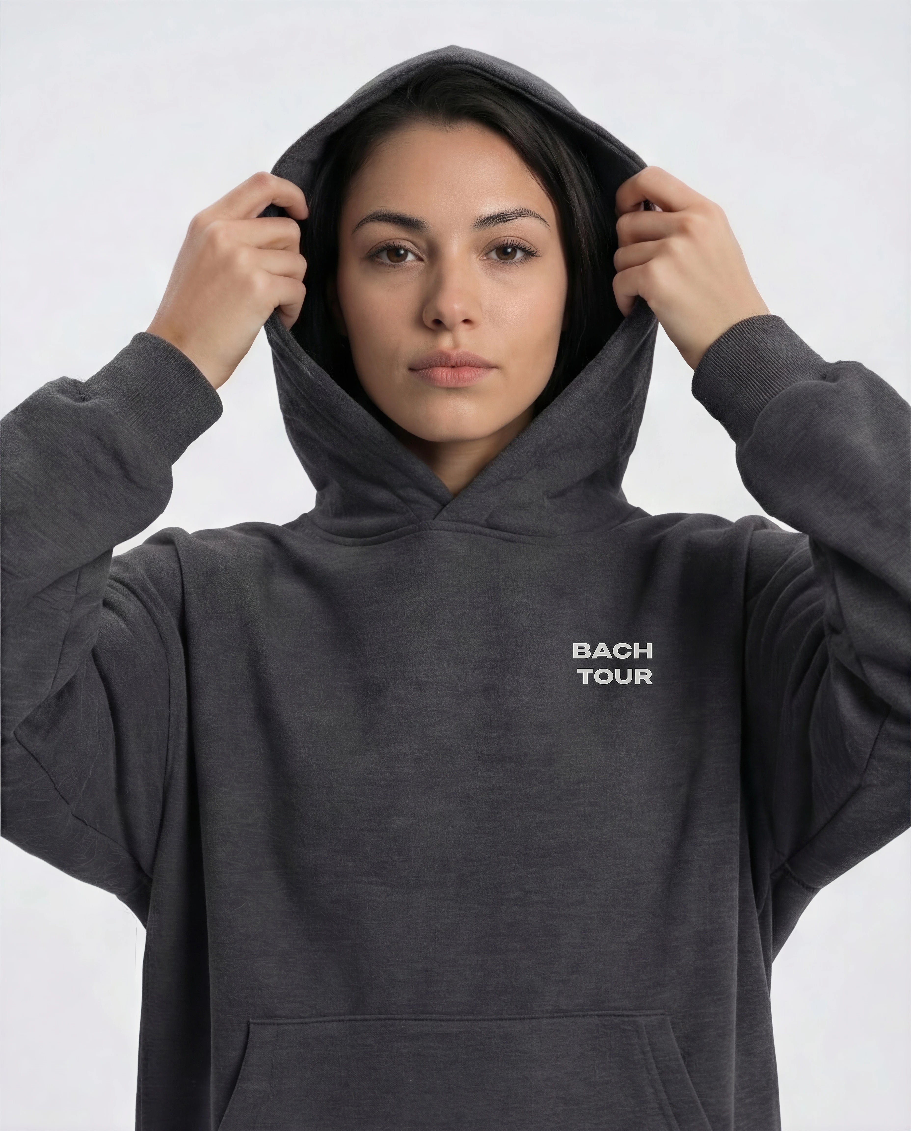 Model wearing Bachelorette Tour Hoodie - Dark Heather