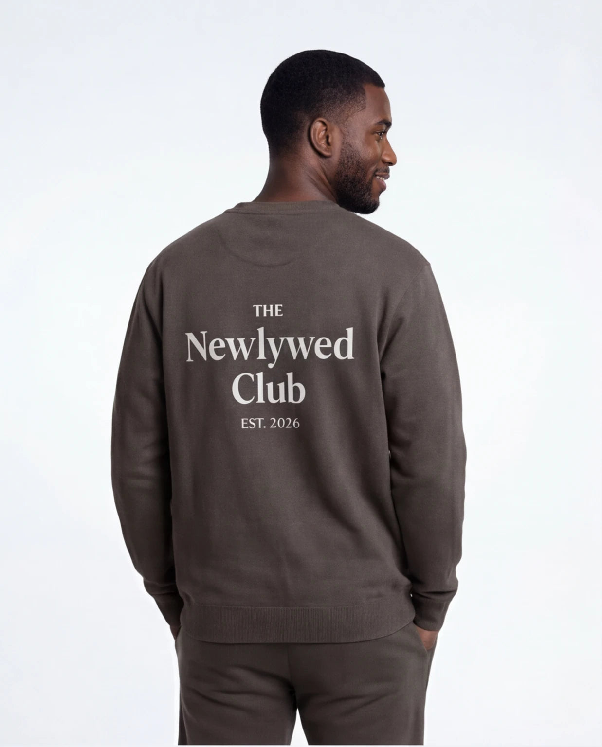 Model wearing Newlywed Club Crew Neck Sweatshirt - Charcoal