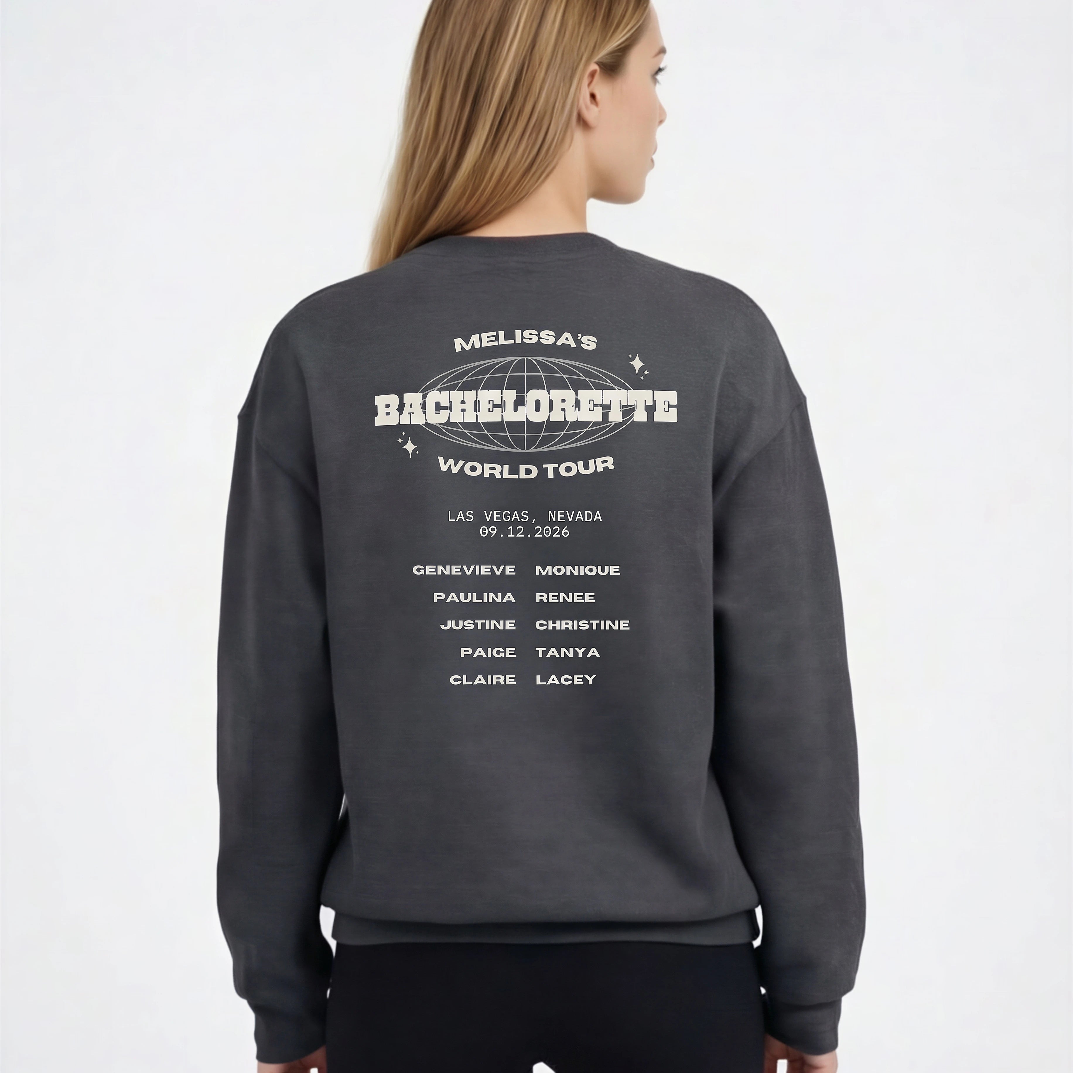 Model wearing Bachelorette Tour Sweatshirt - Dark Heather