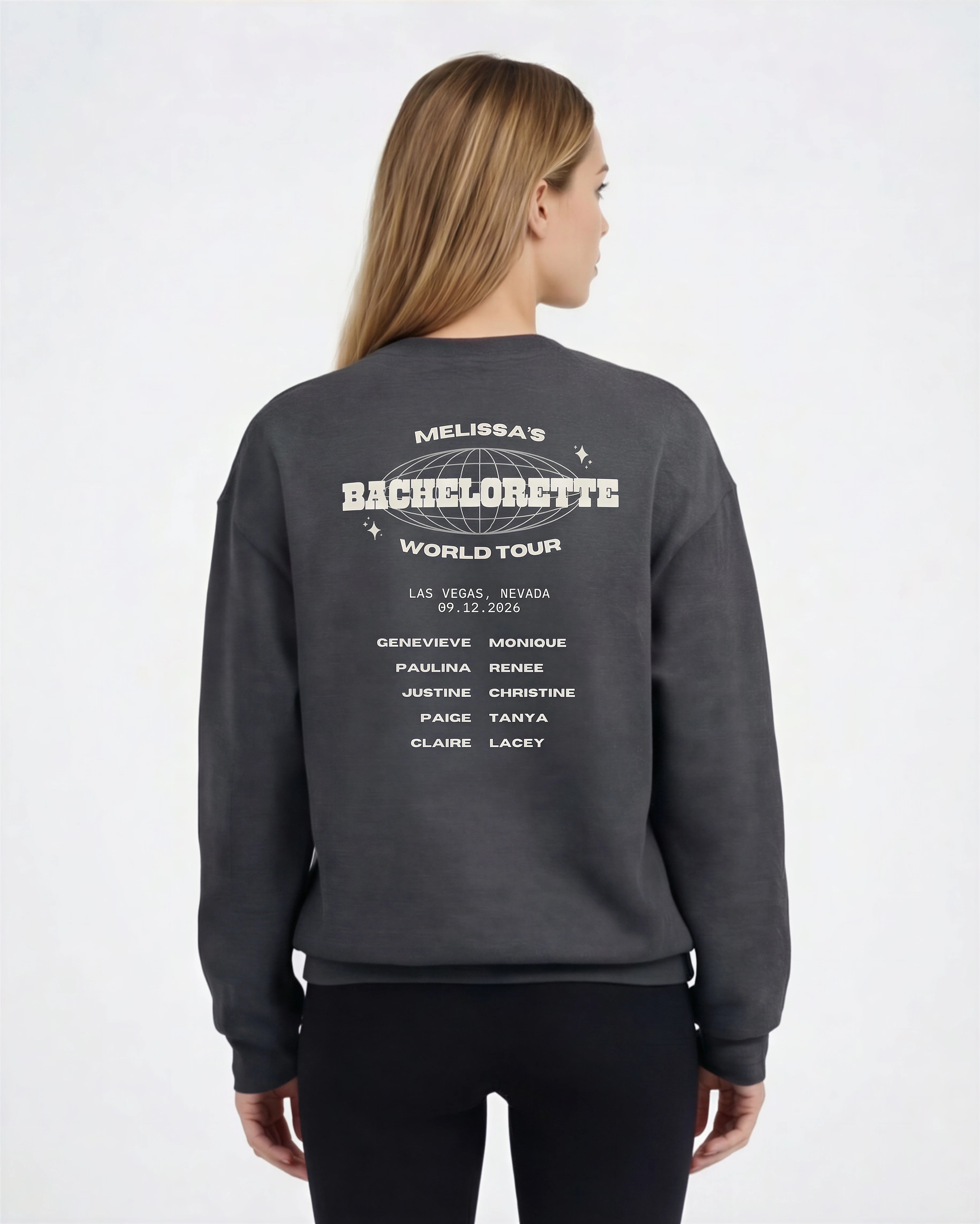 Model wearing Bachelorette Tour Sweatshirt - Dark Heather