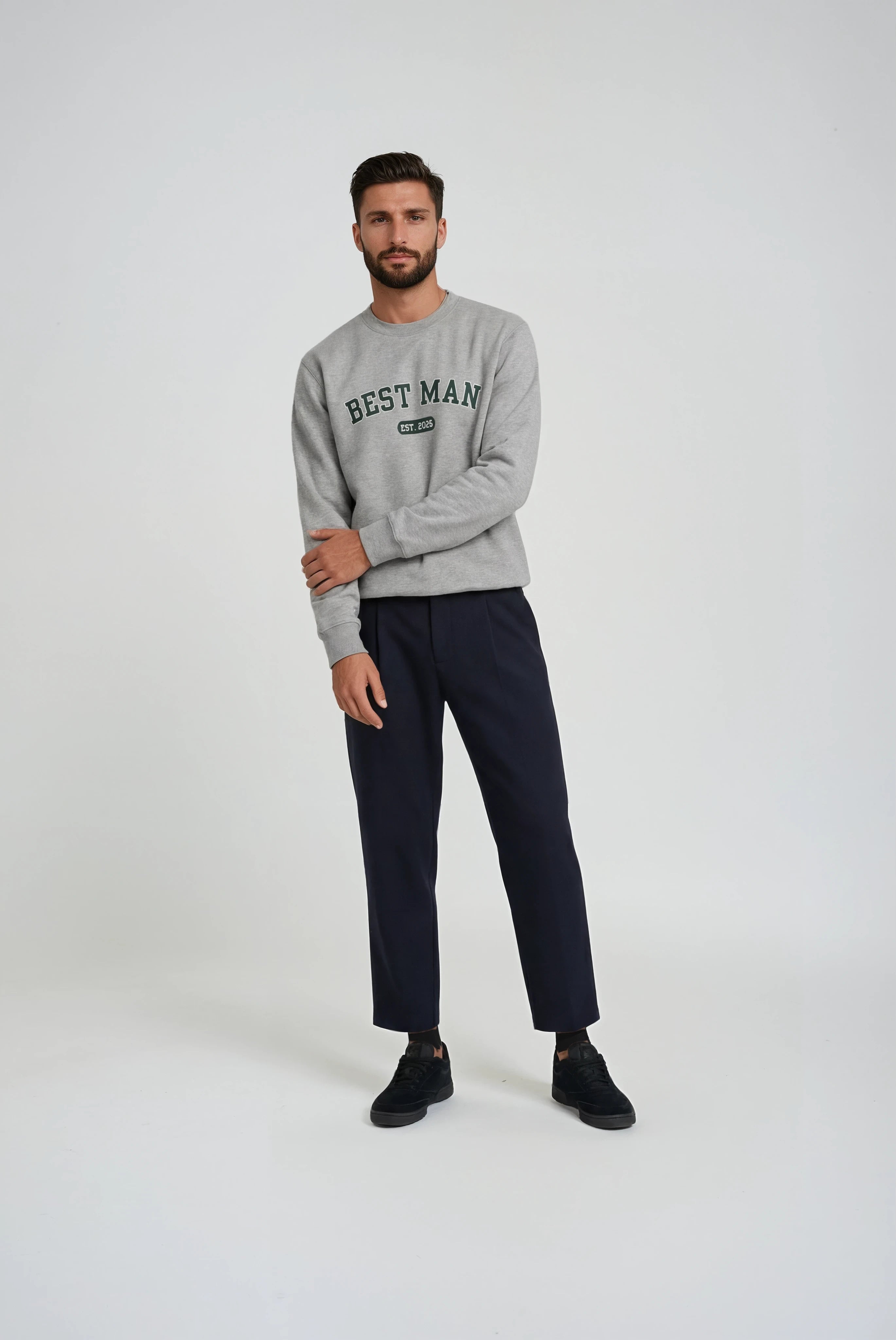 Model wearing Best Man Varsity Sweatshirt - Heather Gray