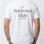 Model wearing Newlywed Club T-Shirt - Alpine Green Logo