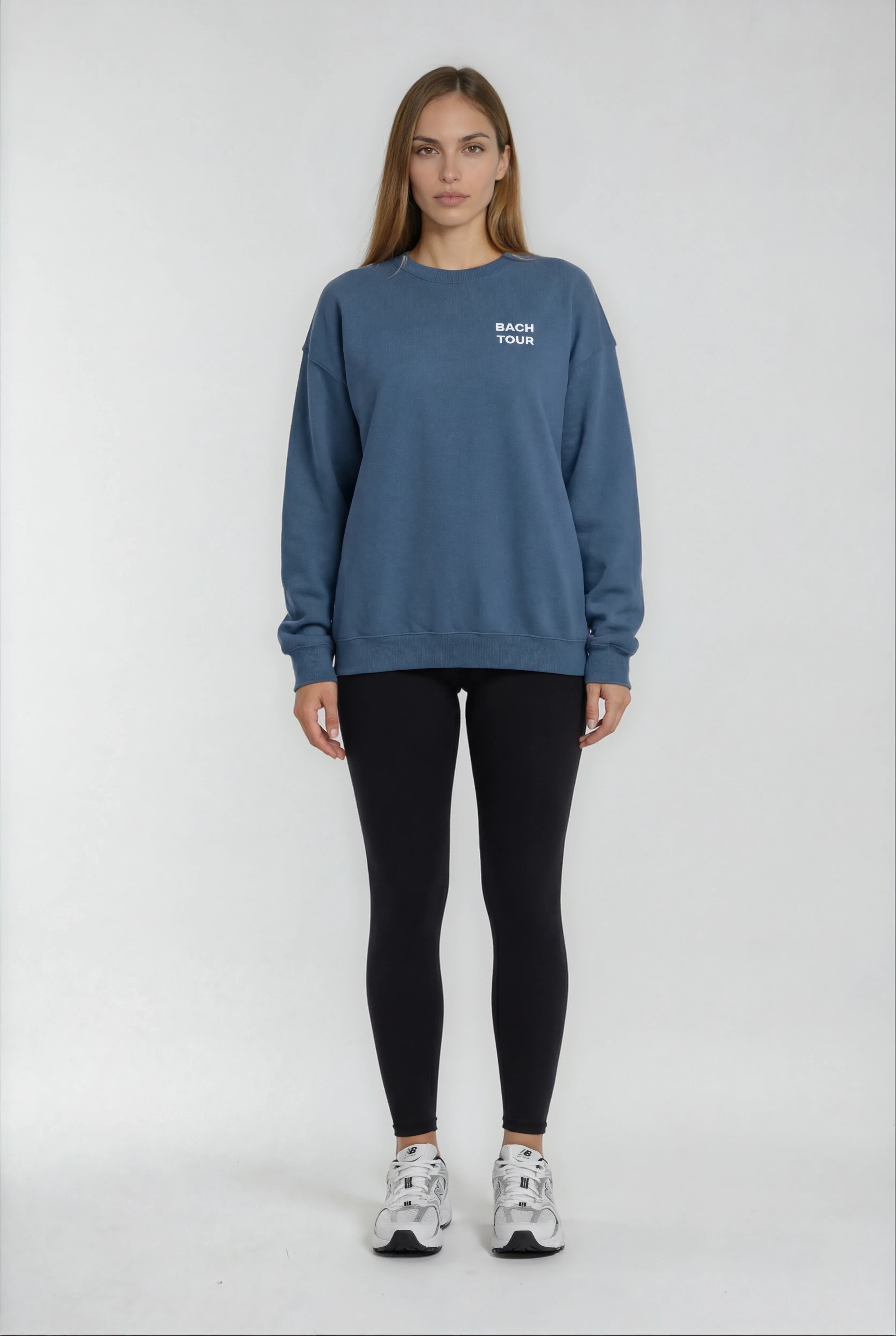 Model wearing Bachelorette Tour Sweatshirt - Indigo Blue
