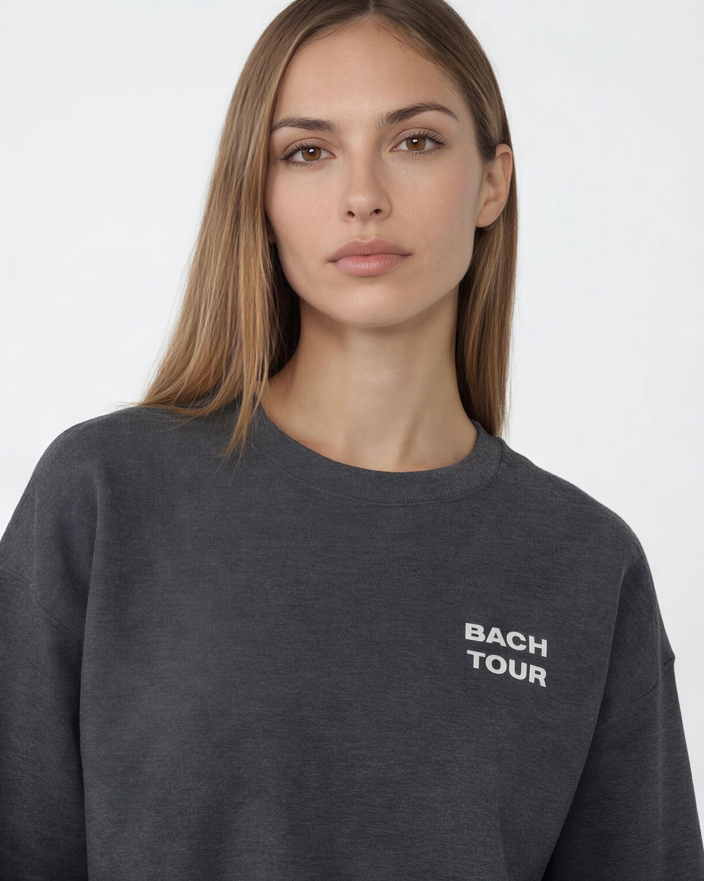Model wearing Bachelorette Tour Sweatshirt - Dark Heather